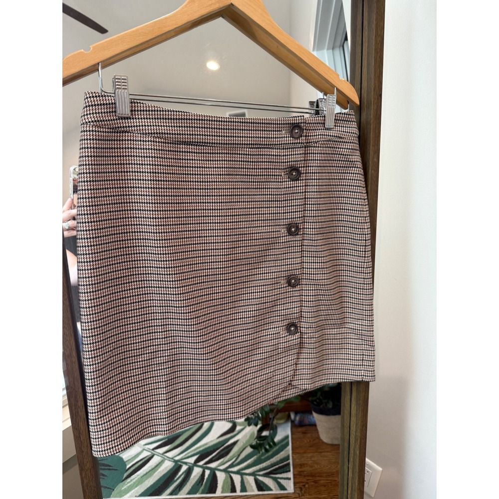 Garnet Hill Houndstooth Mini Skirt Brown Button Accent Career Casual Fall NWOT 6